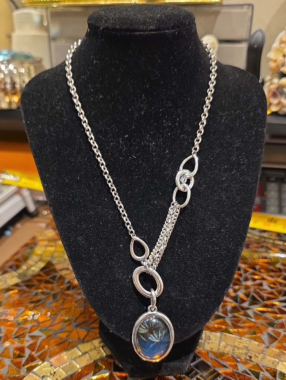 Vintage Silver Necklace with Blue Glass Pendant - Women Jewelry